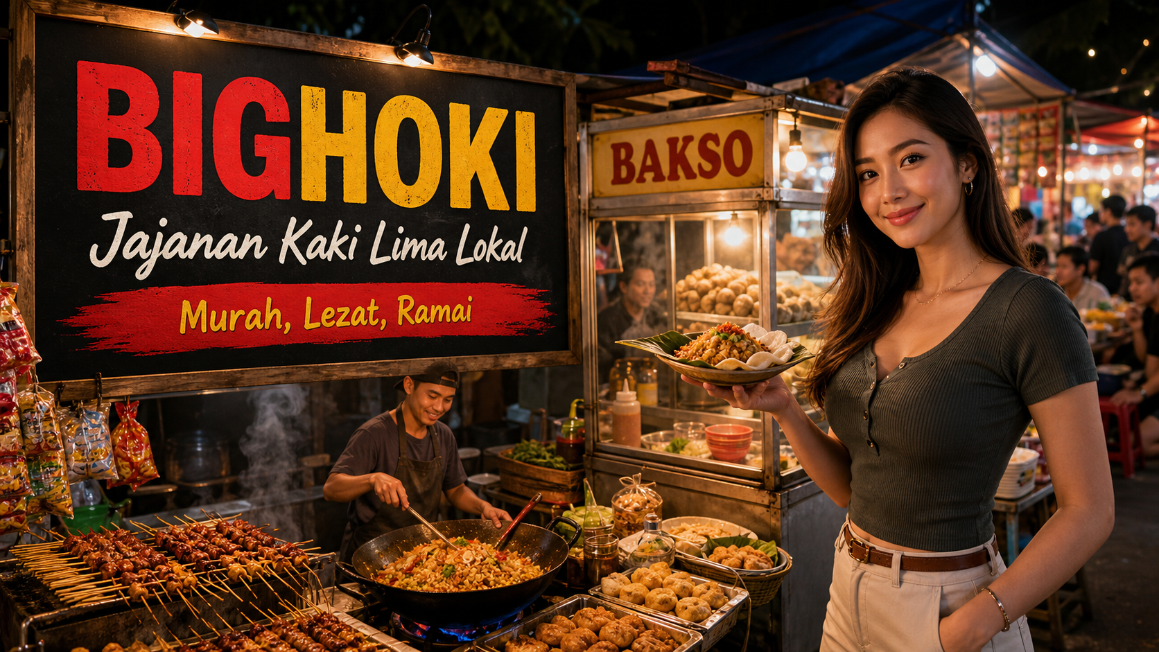 Pasar malam jajanan kaki lima Indonesia dengan papan promosi BIGHOKI